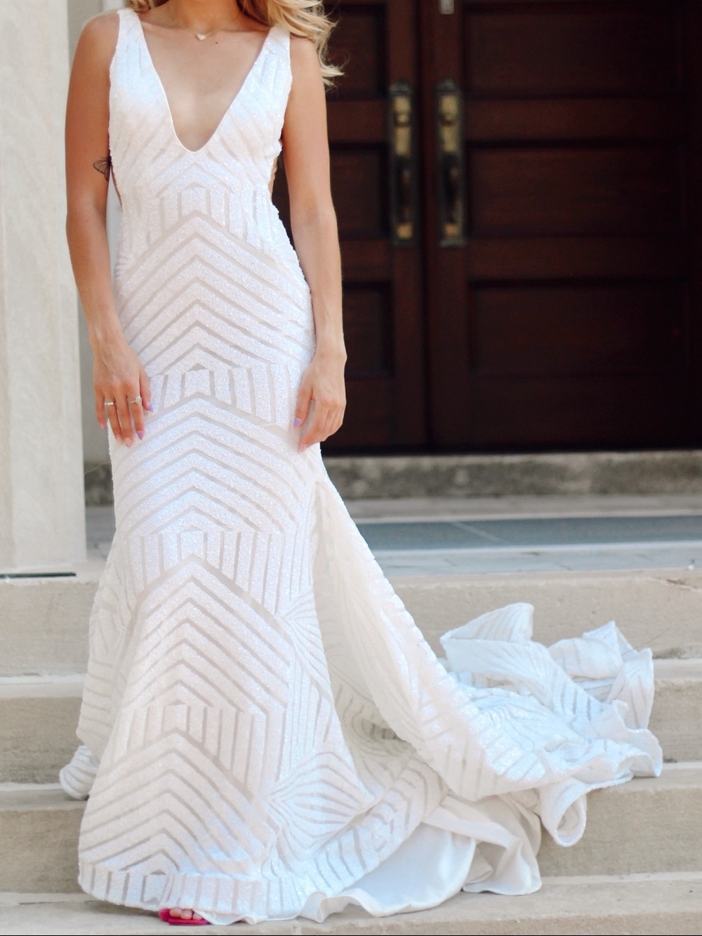 Jovani White Sequin V-Neck Mermaid Gown